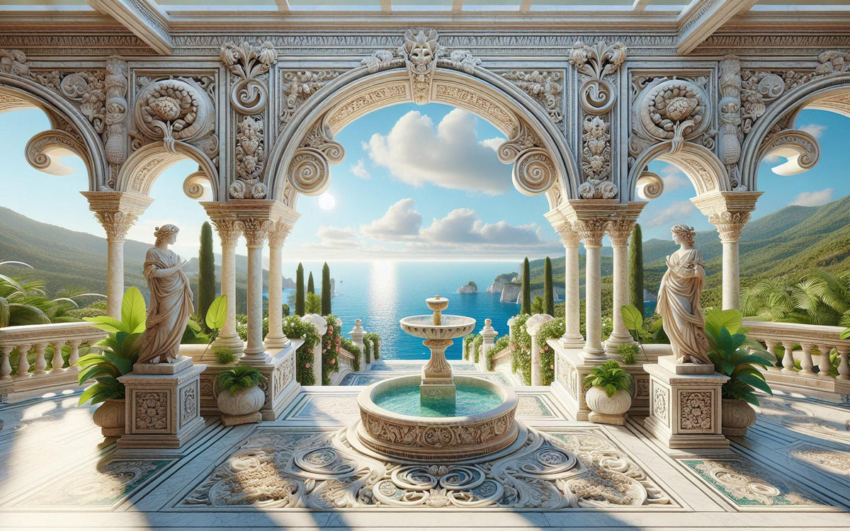 Papier peint trompe-l'œil fontaine méditerranéenne