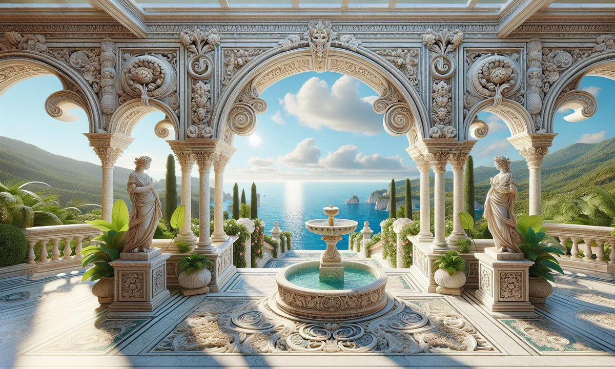 Papier peint trompe-l'œil fontaine méditerranéenne