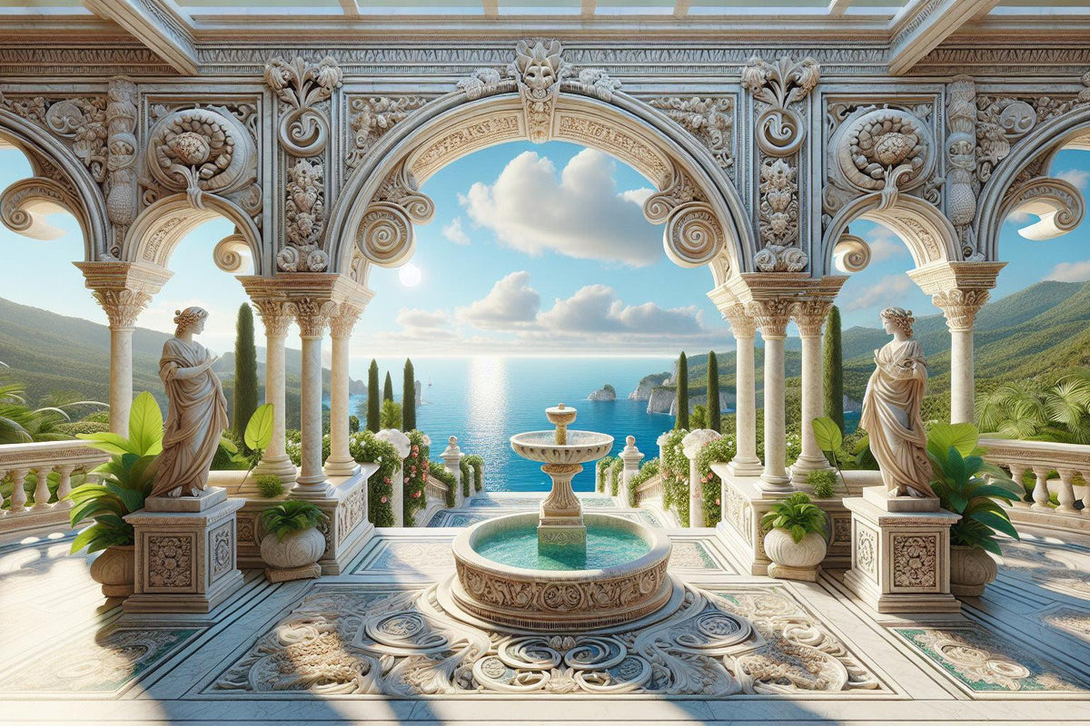 Papier peint trompe-l'œil fontaine méditerranéenne