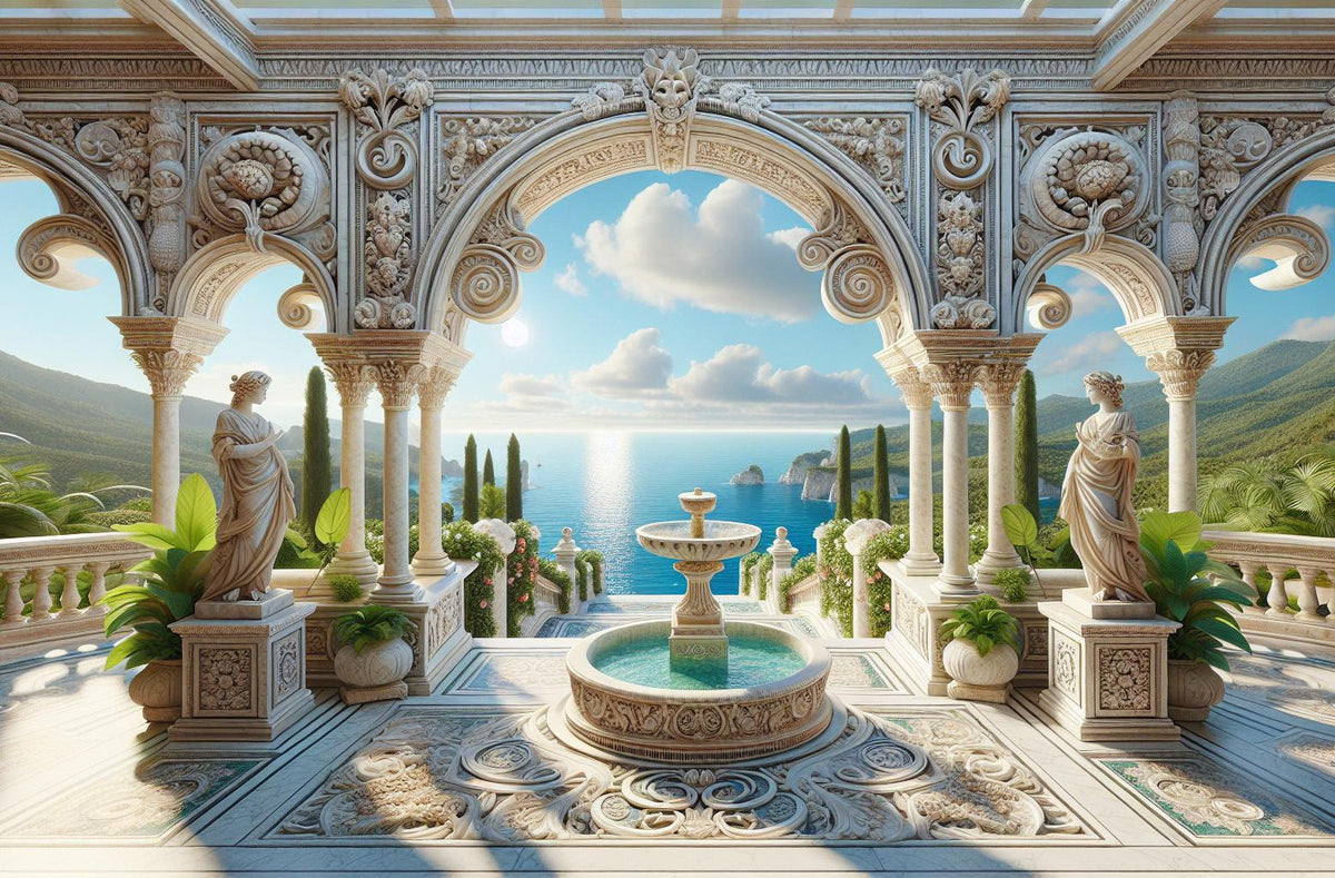Papier peint trompe-l'œil fontaine méditerranéenne