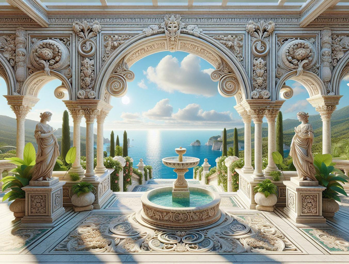 Papier peint trompe-l'œil fontaine méditerranéenne