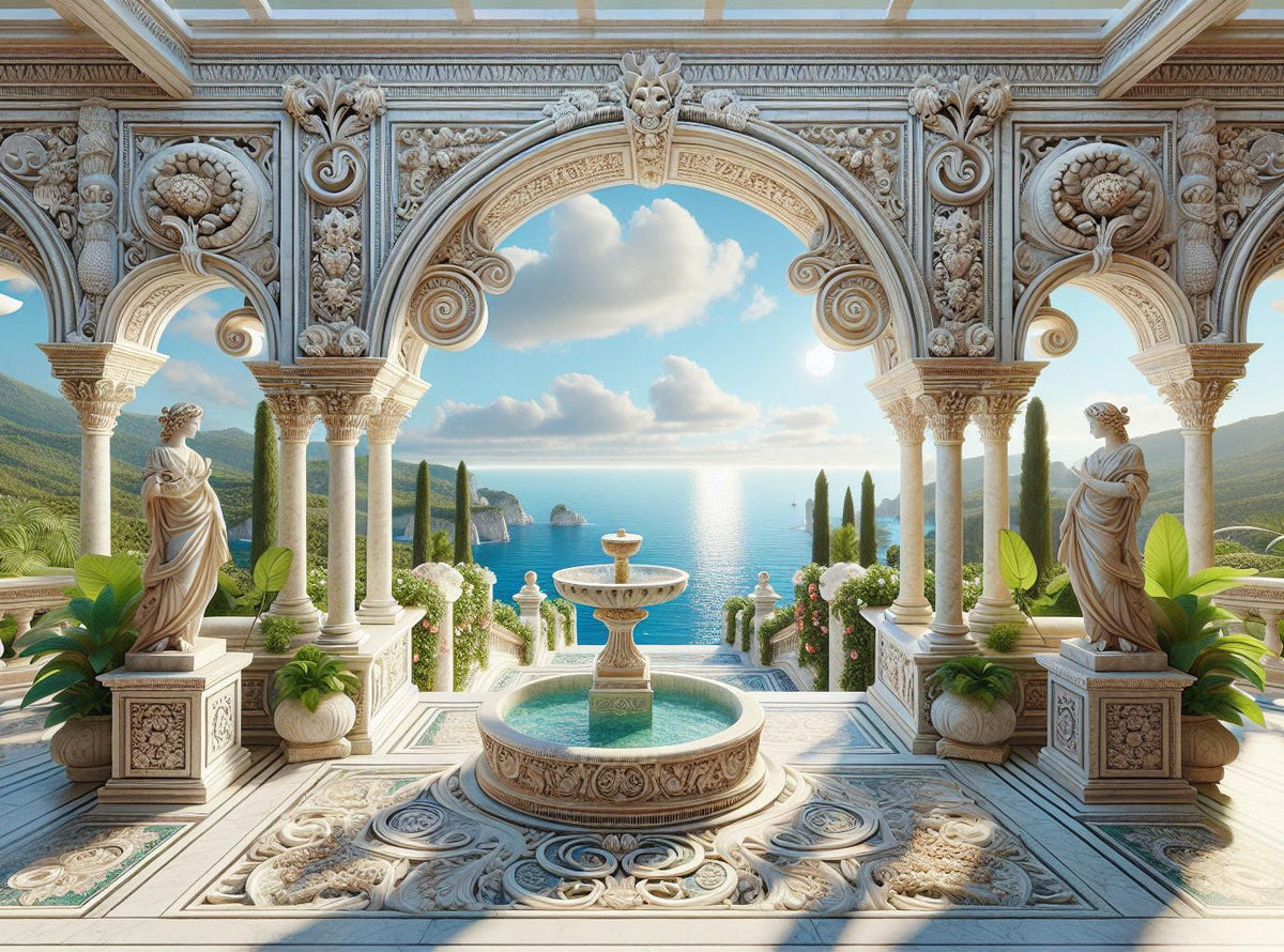 Papier peint trompe-l'œil fontaine méditerranéenne