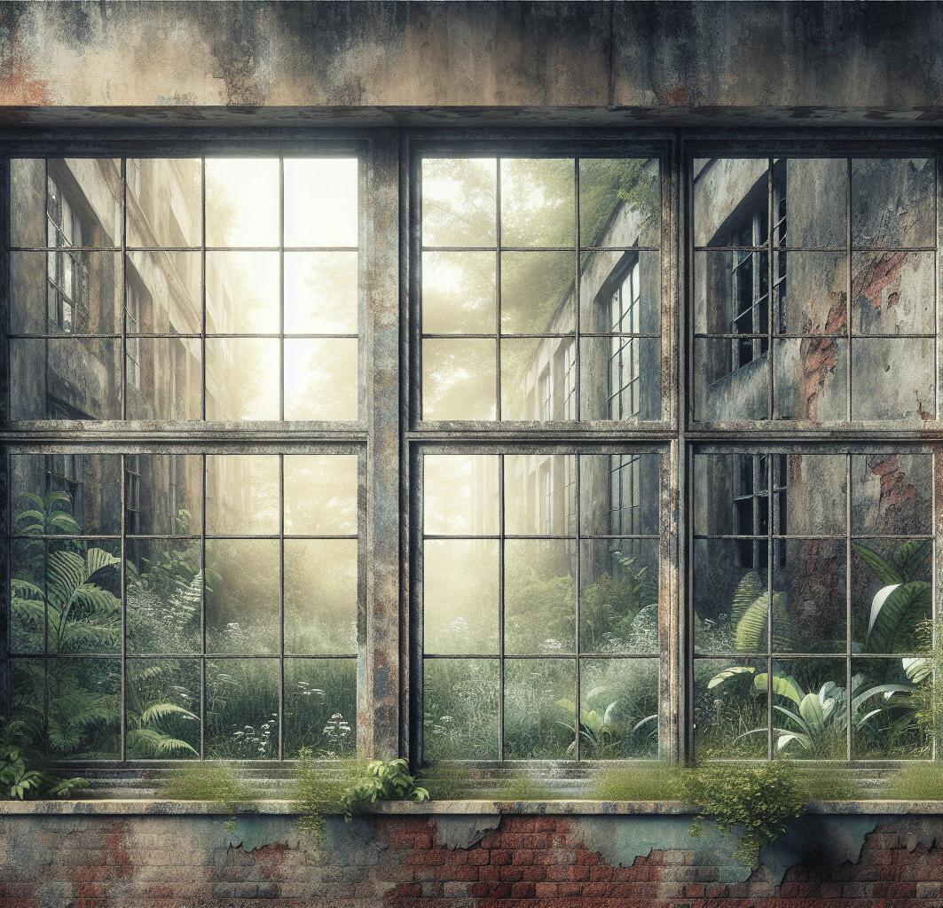 Papier peint trompe-l'œil verrière et mur délabré