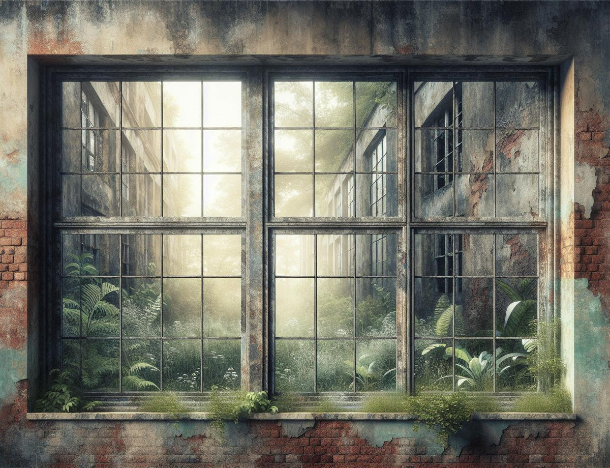 Papier peint trompe-l'œil verrière et mur délabré