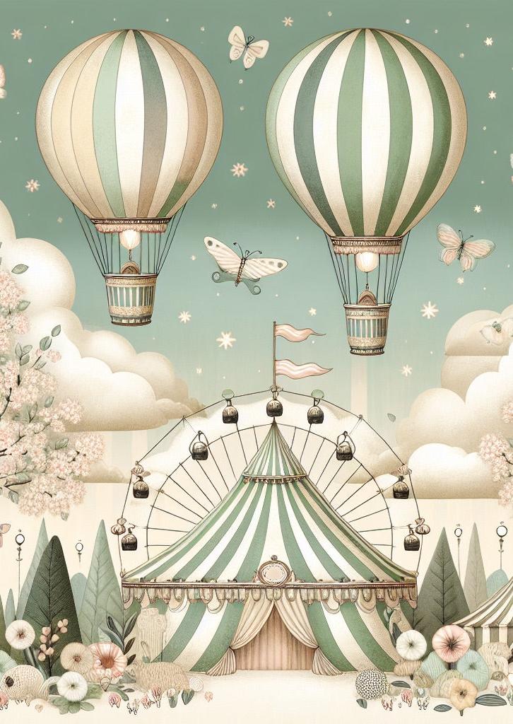 Papier peint chambre enfant cirque et montgolfières