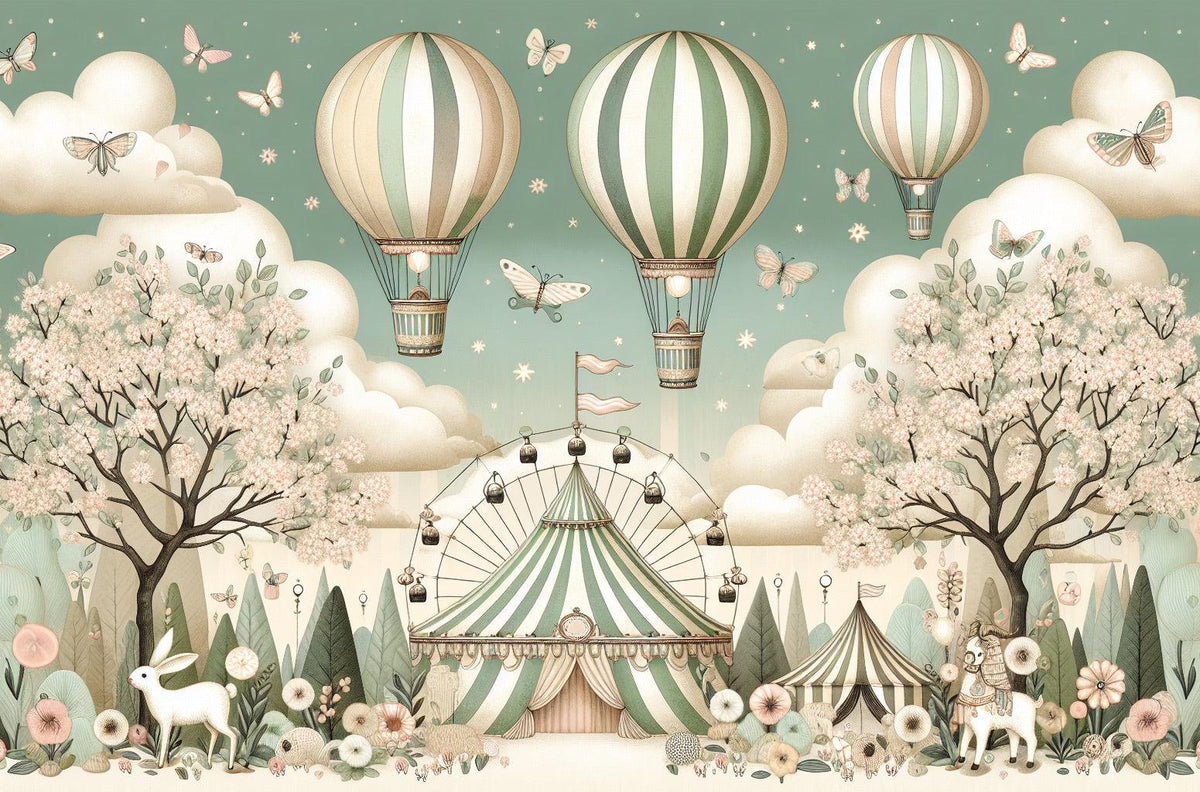 Papier peint chambre enfant cirque et montgolfières