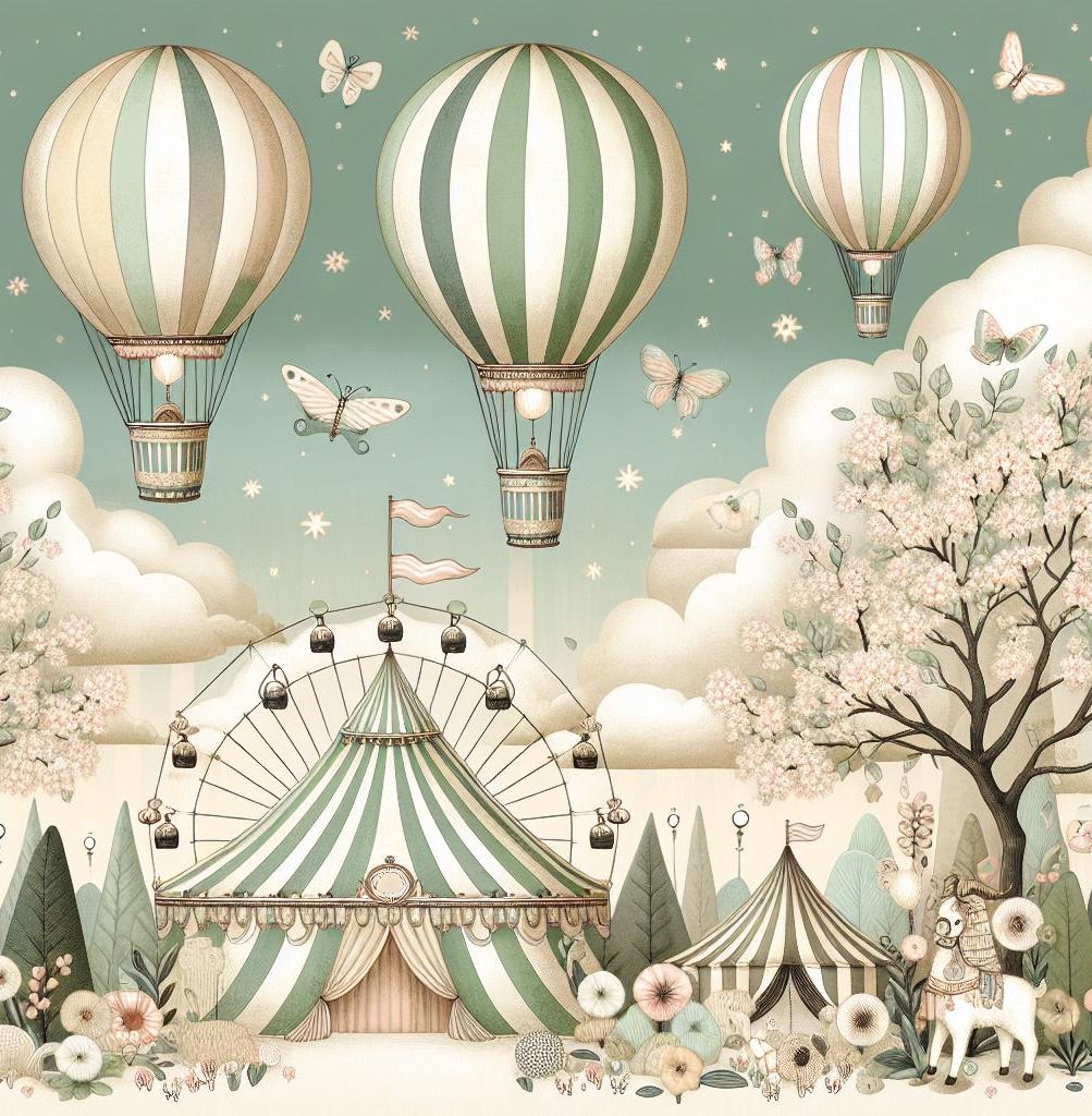 Papier peint chambre enfant cirque et montgolfières