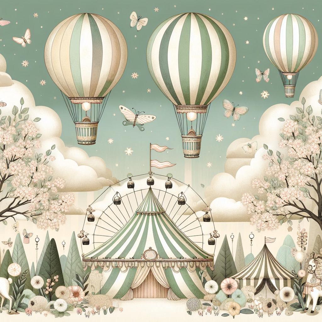 Papier peint chambre enfant cirque et montgolfières