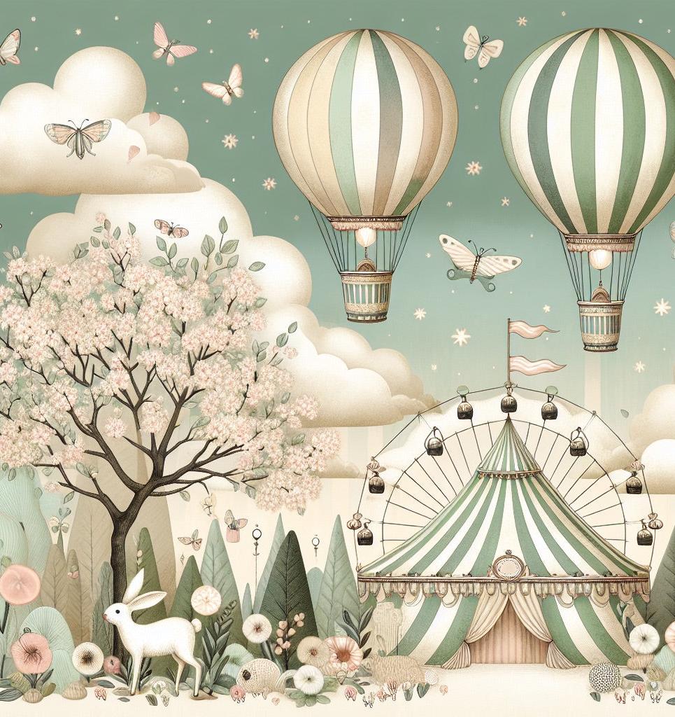Papier peint chambre enfant cirque et montgolfières