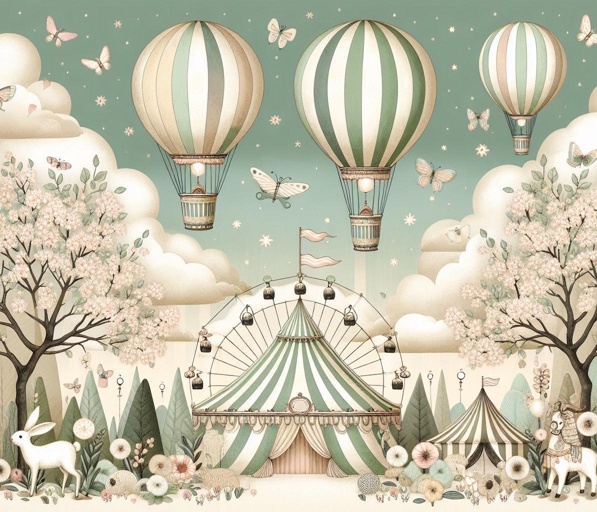 Papier peint chambre enfant cirque et montgolfières