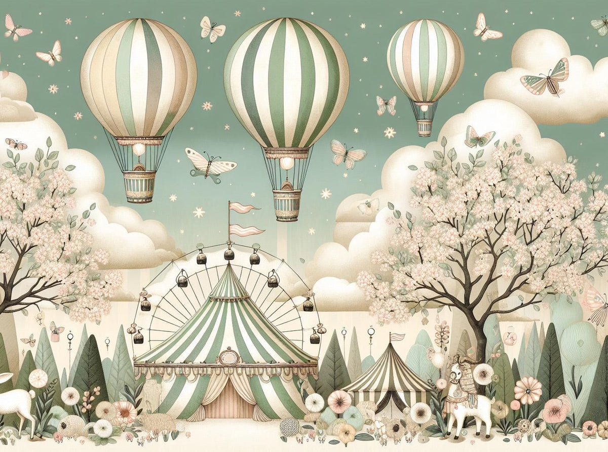 Papier peint chambre enfant cirque et montgolfières