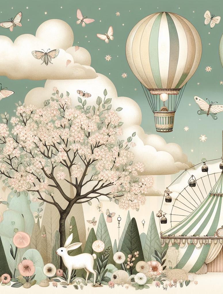 Papier peint chambre enfant cirque et montgolfières