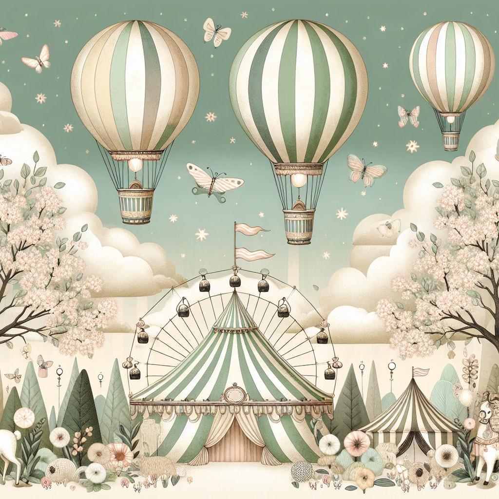 Papier peint chambre enfant cirque et montgolfières