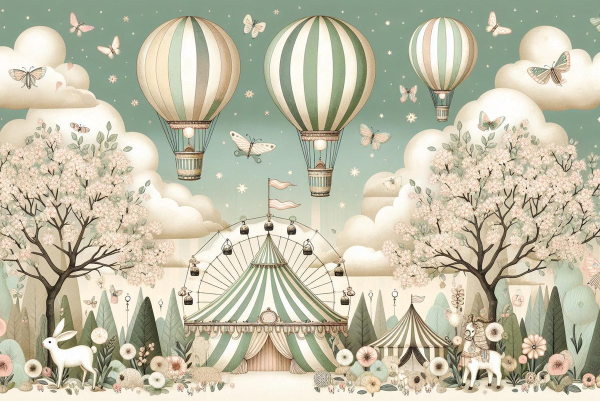 Papier peint chambre enfant cirque et montgolfières