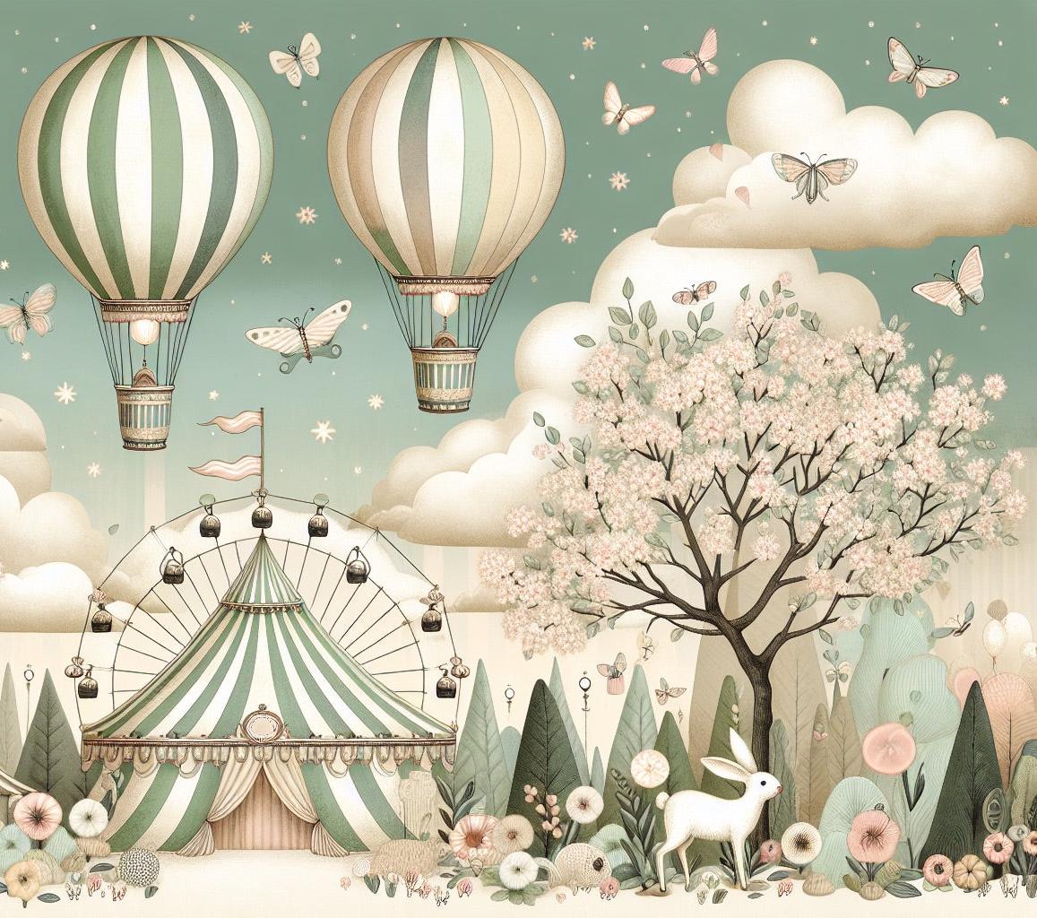 Papier peint chambre enfant cirque et montgolfières