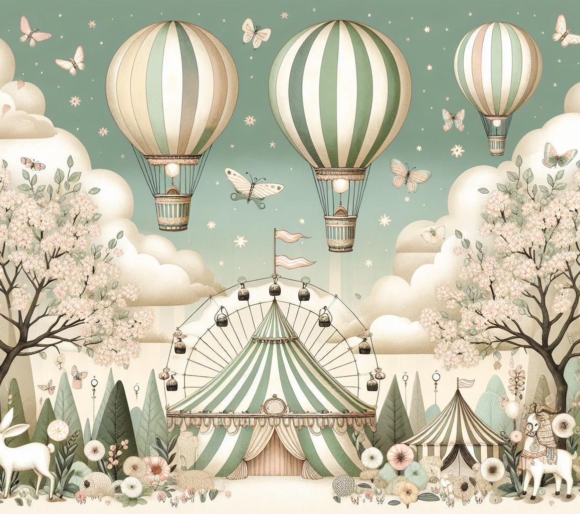 Papier peint chambre enfant cirque et montgolfières