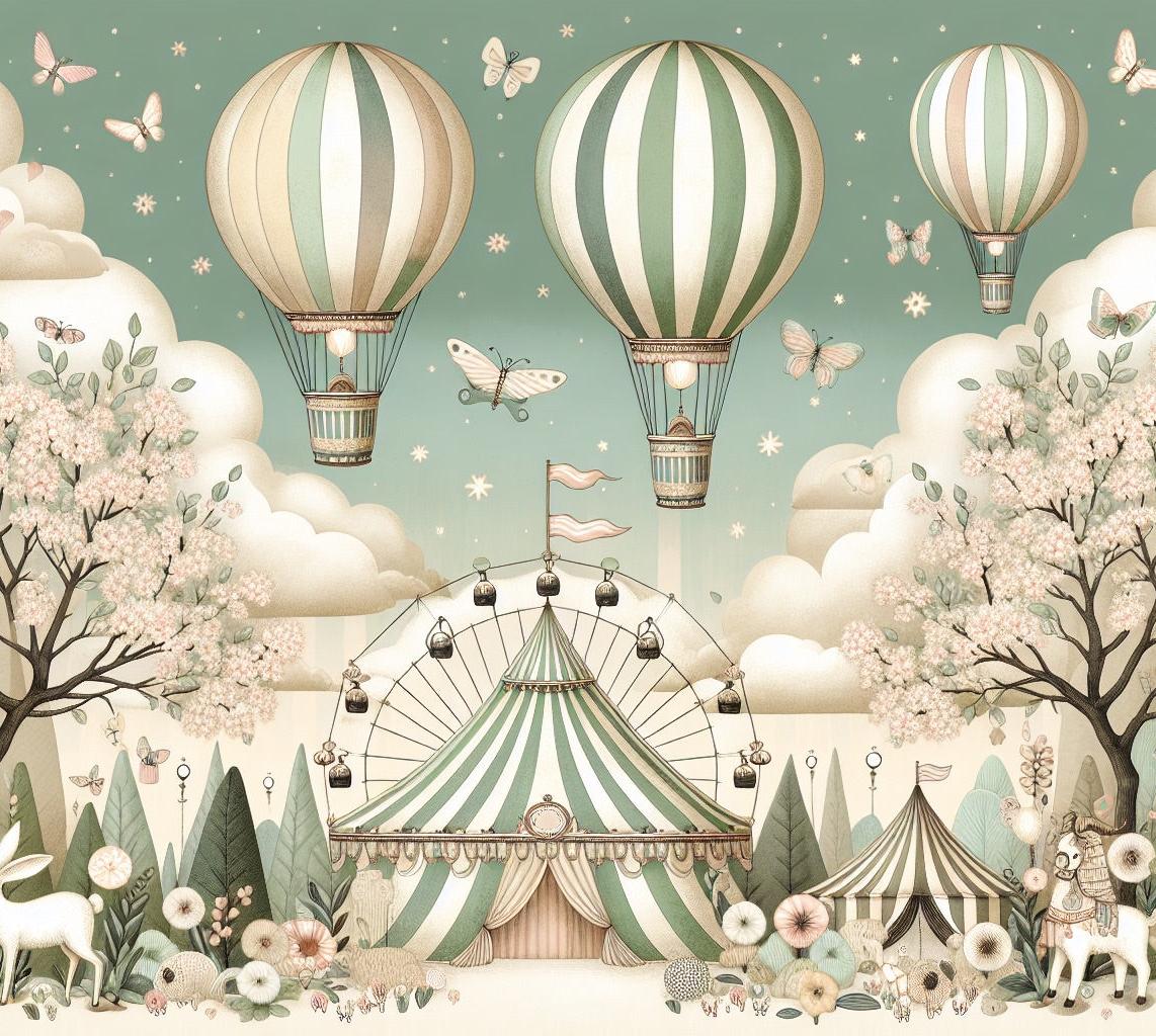 Papier peint chambre enfant cirque et montgolfières