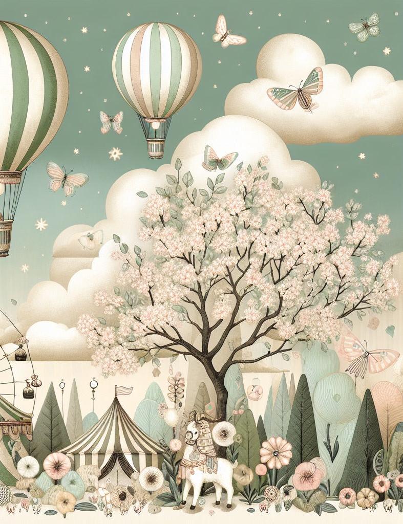 Papier peint chambre enfant cirque et montgolfières