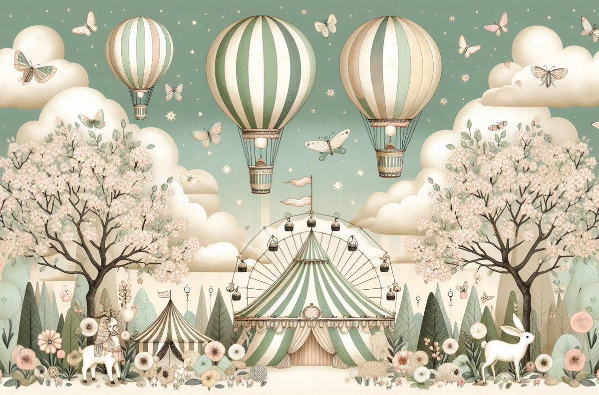 Papier peint chambre enfant cirque et montgolfières