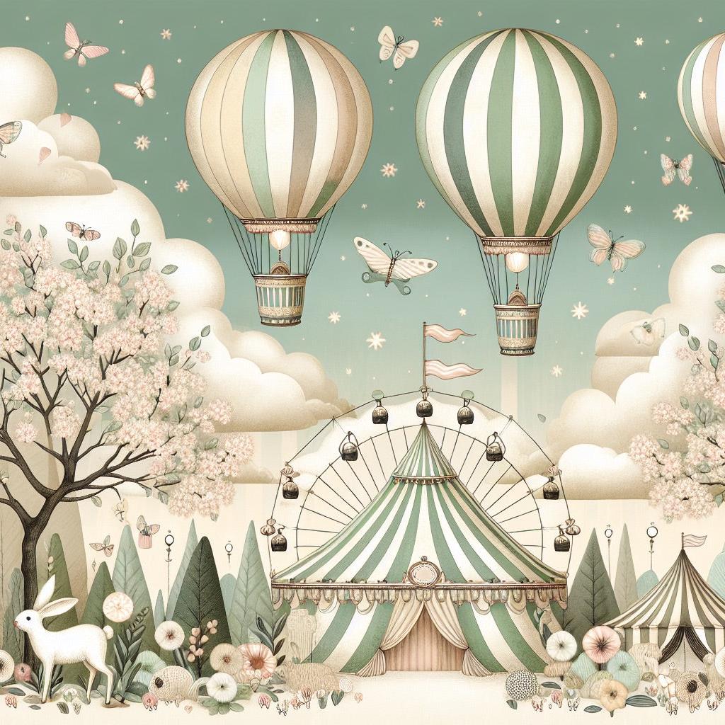 Papier peint chambre enfant cirque et montgolfières
