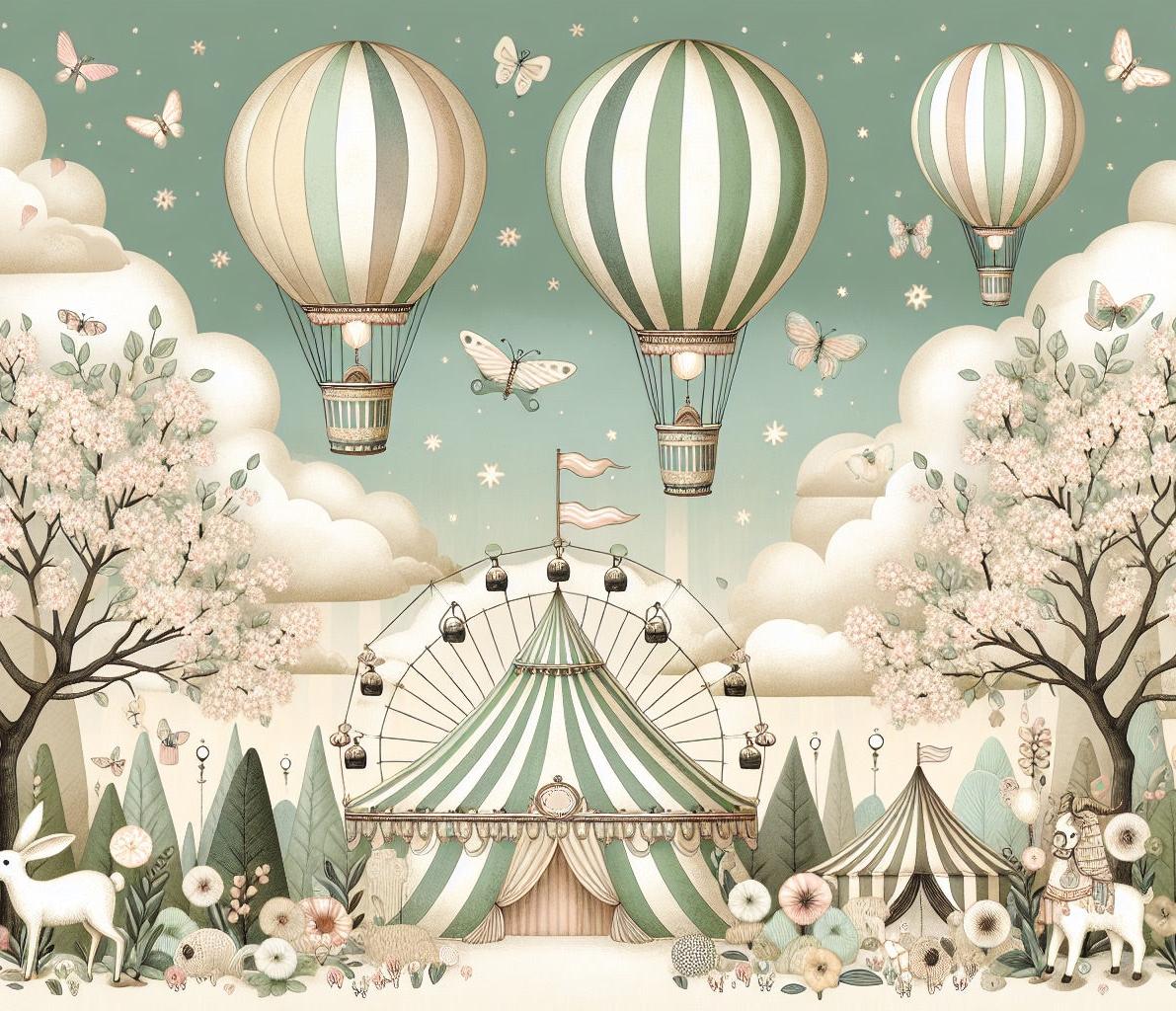 Papier peint chambre enfant cirque et montgolfières