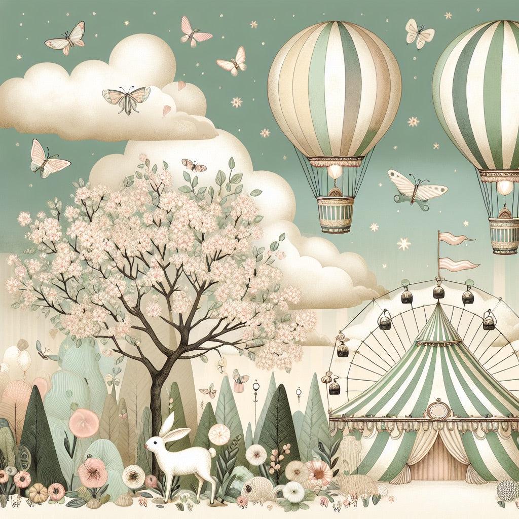 Papier peint chambre enfant cirque et montgolfières