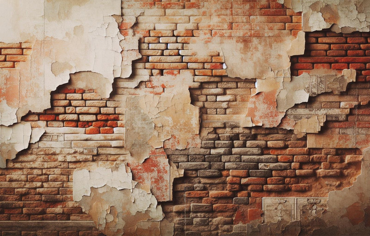 Papier peint brique rouge et grise vieillie