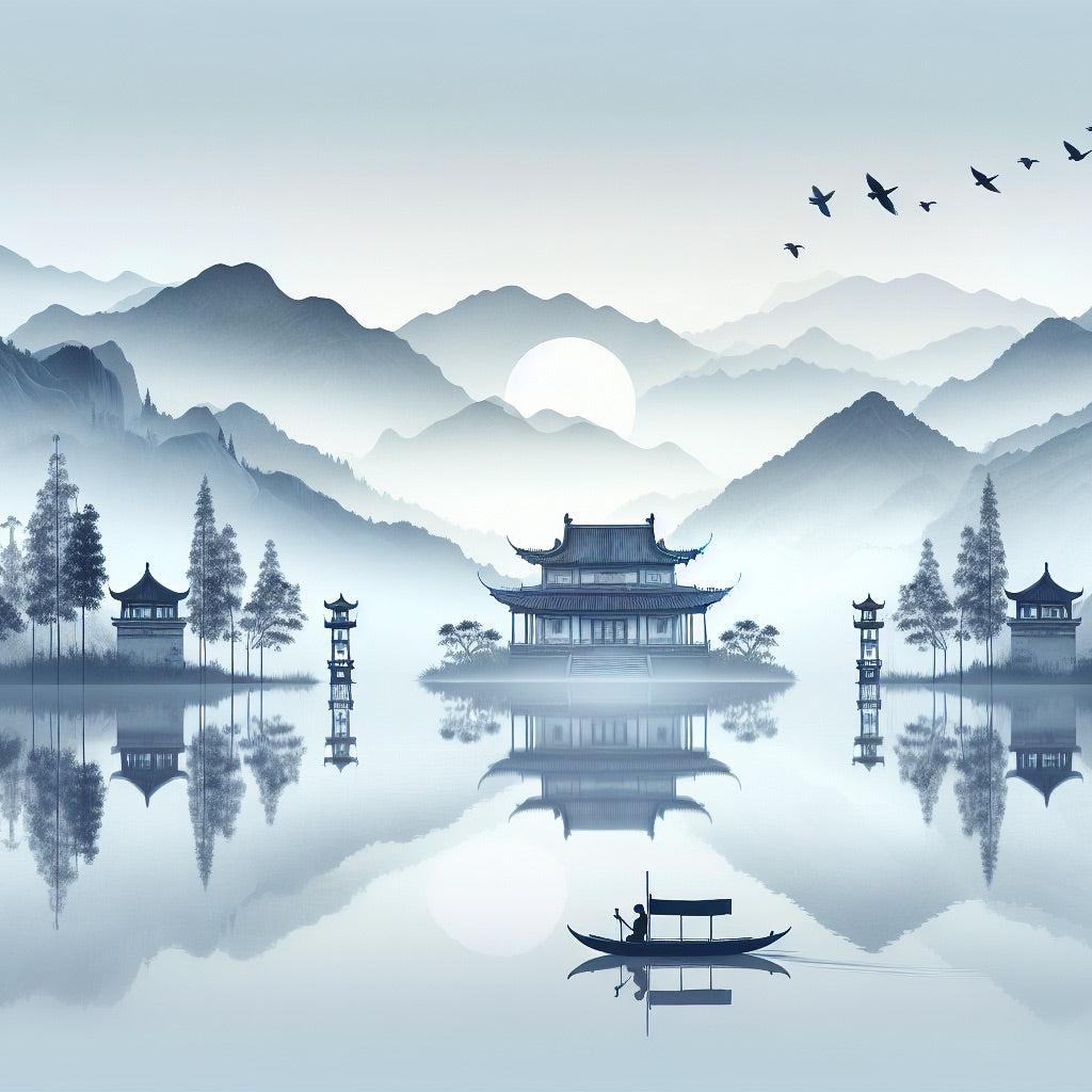 Papier peint zen lever de soleil et temple