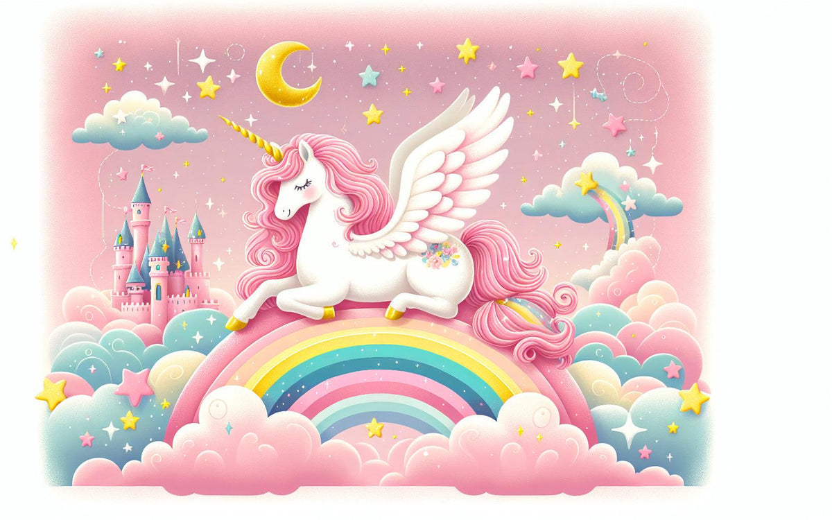 Papier peint arc-en-ciel licorne et château rose