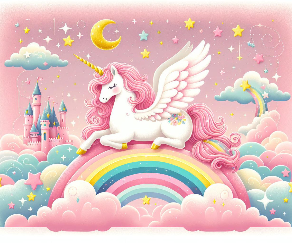 Papier peint arc-en-ciel licorne et château rose