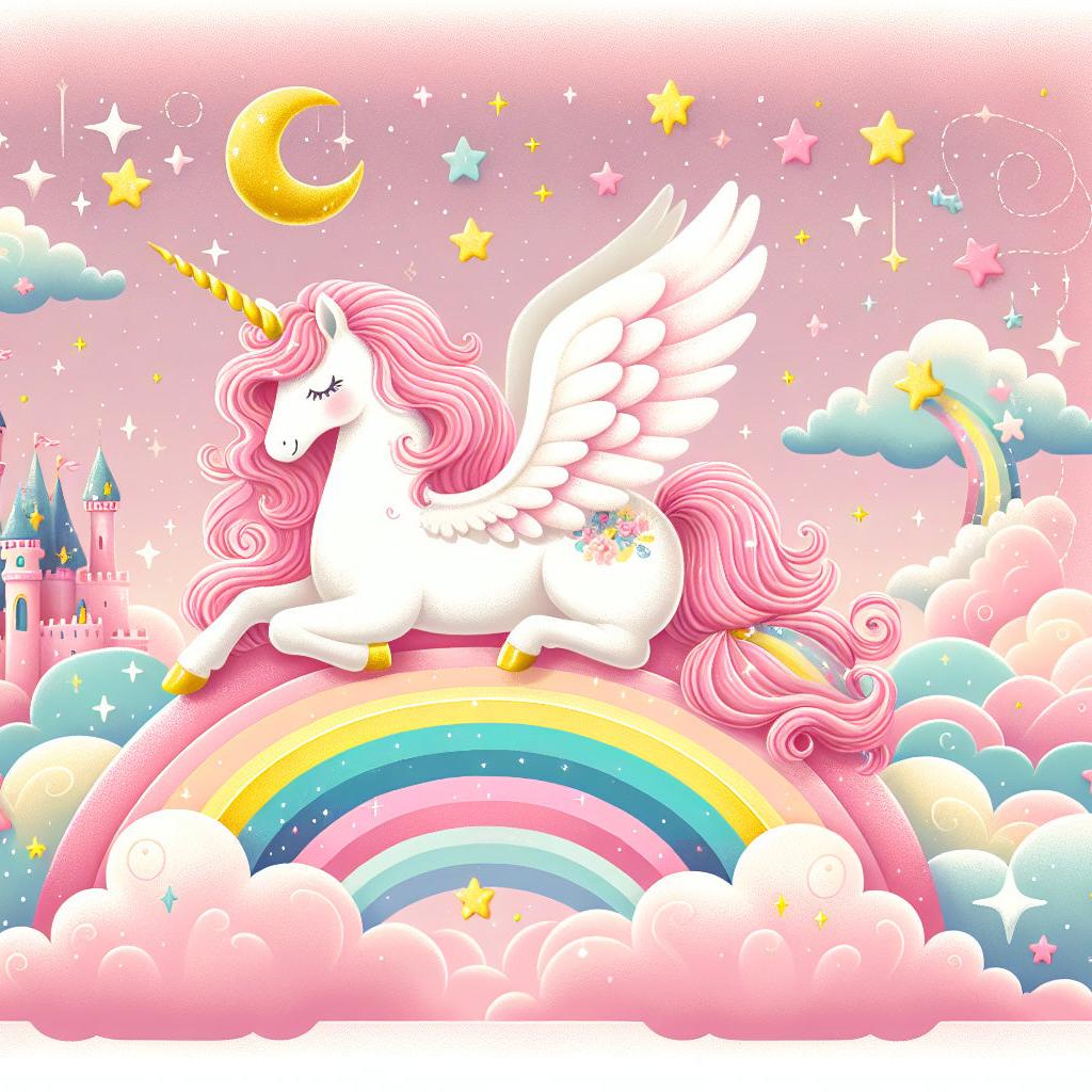Papier peint arc-en-ciel licorne et château rose