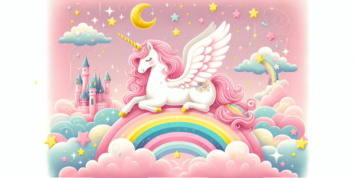 Papier peint arc-en-ciel licorne et château rose