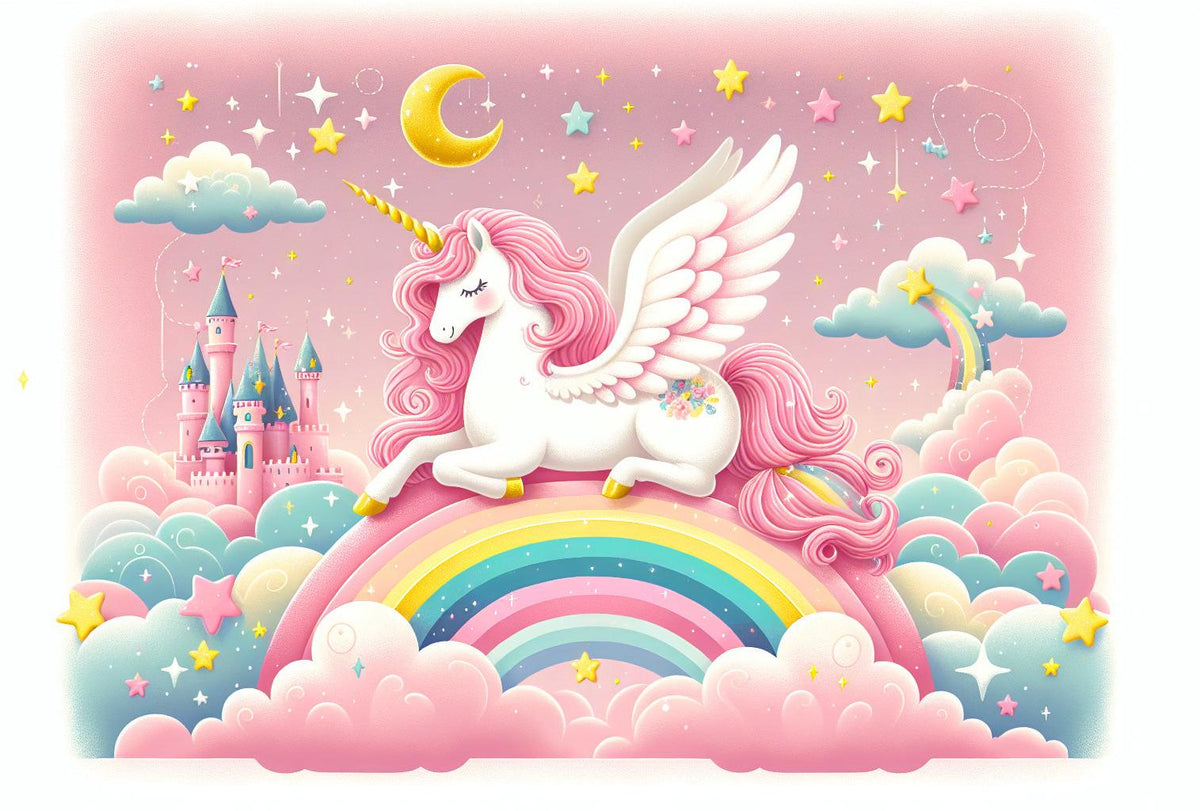 Papier peint arc-en-ciel licorne et château rose