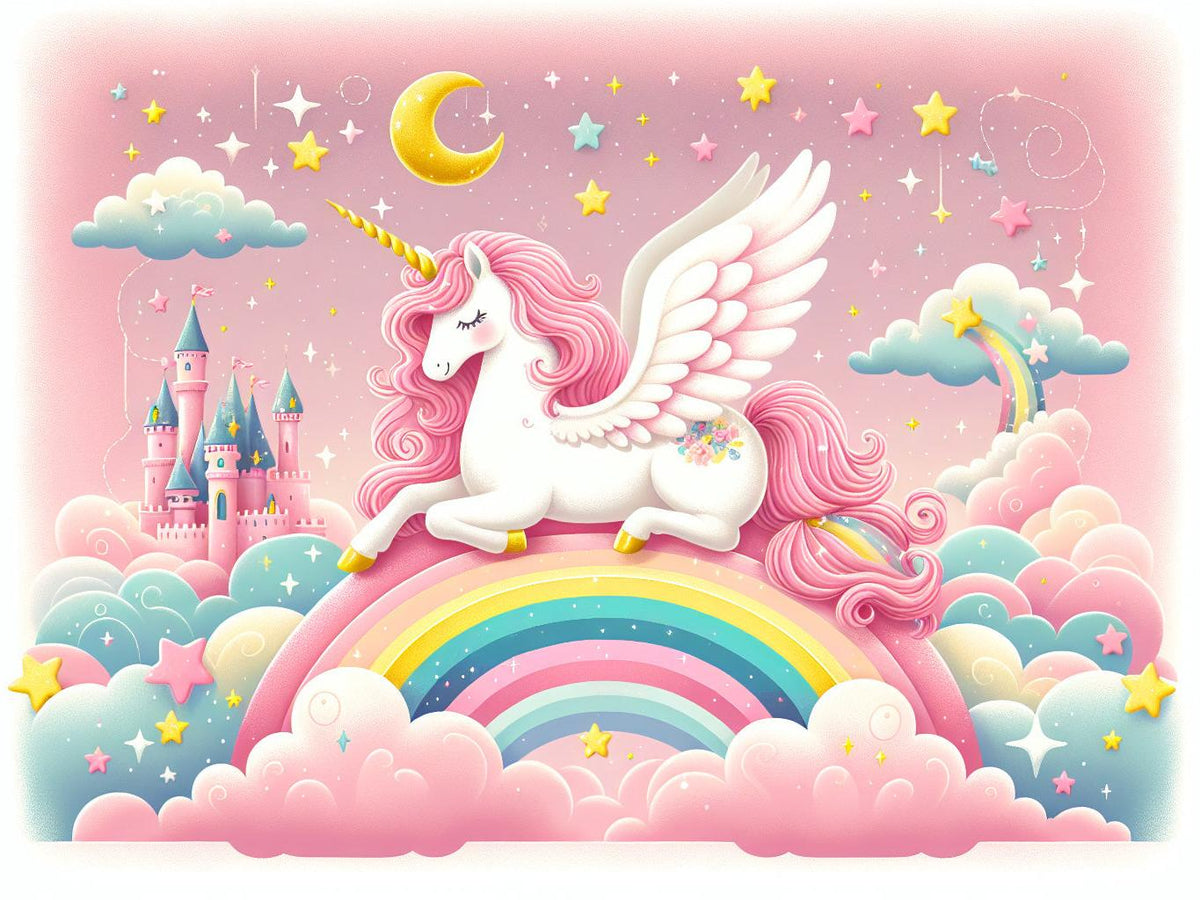 Papier peint arc-en-ciel licorne et château rose