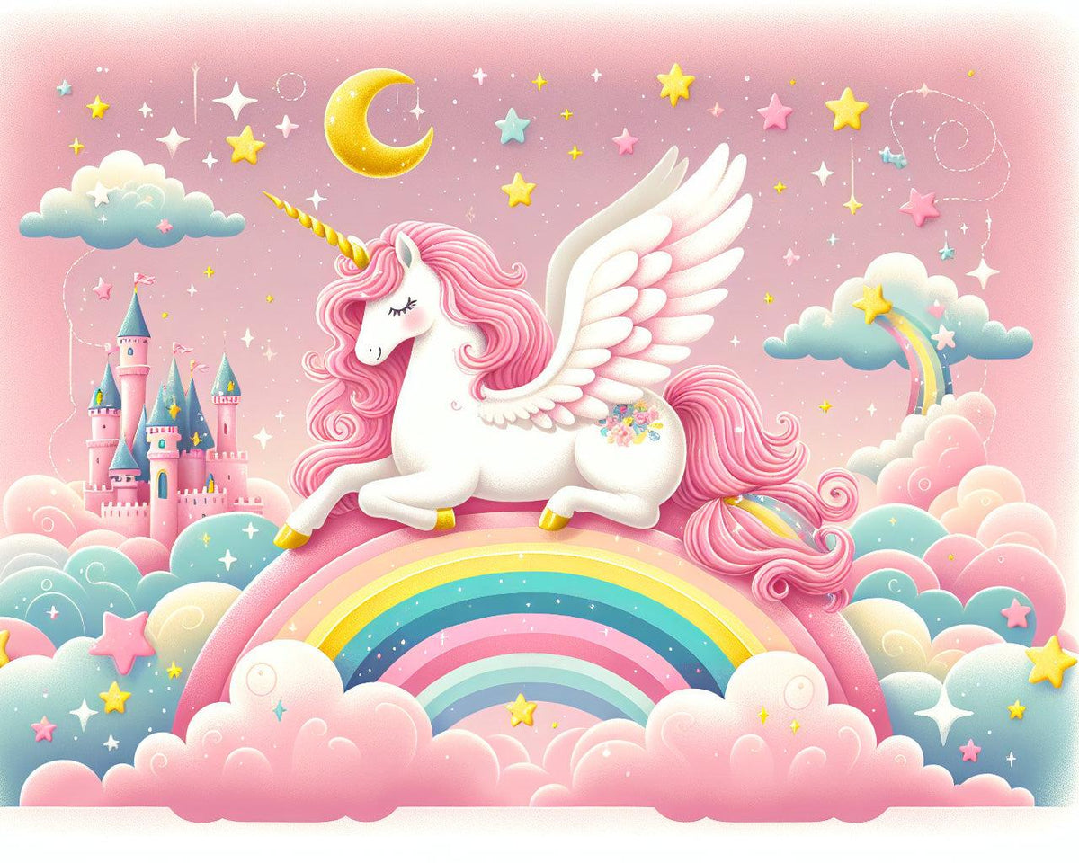 Papier peint arc-en-ciel licorne et château rose
