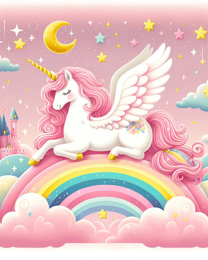 Papier peint arc-en-ciel licorne et château rose