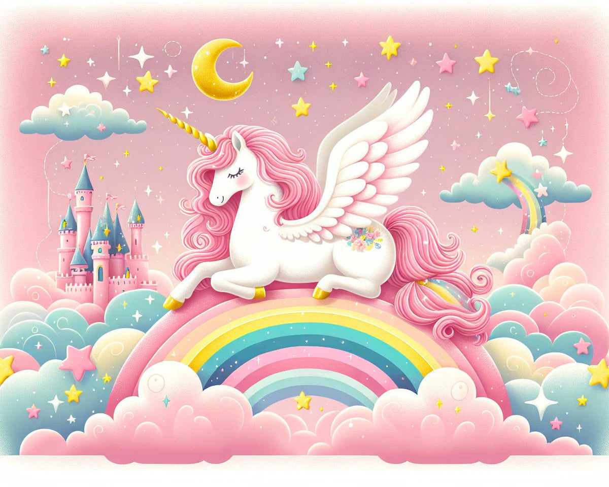 Papier peint arc-en-ciel licorne et château rose