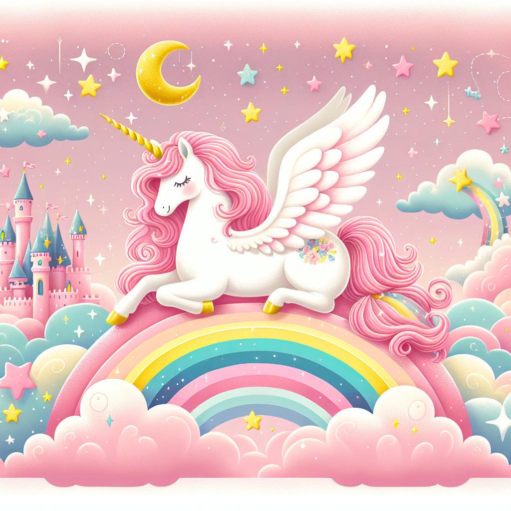 Papier peint arc-en-ciel licorne et château rose