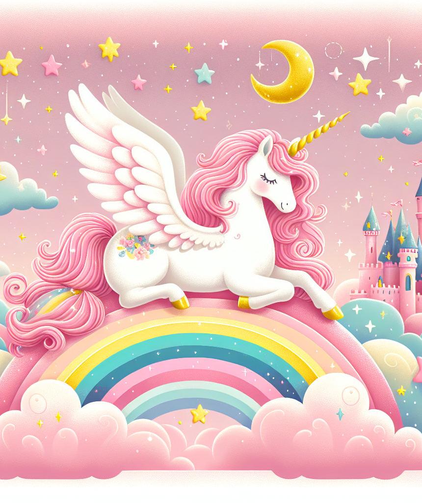 Papier peint arc-en-ciel licorne et château rose