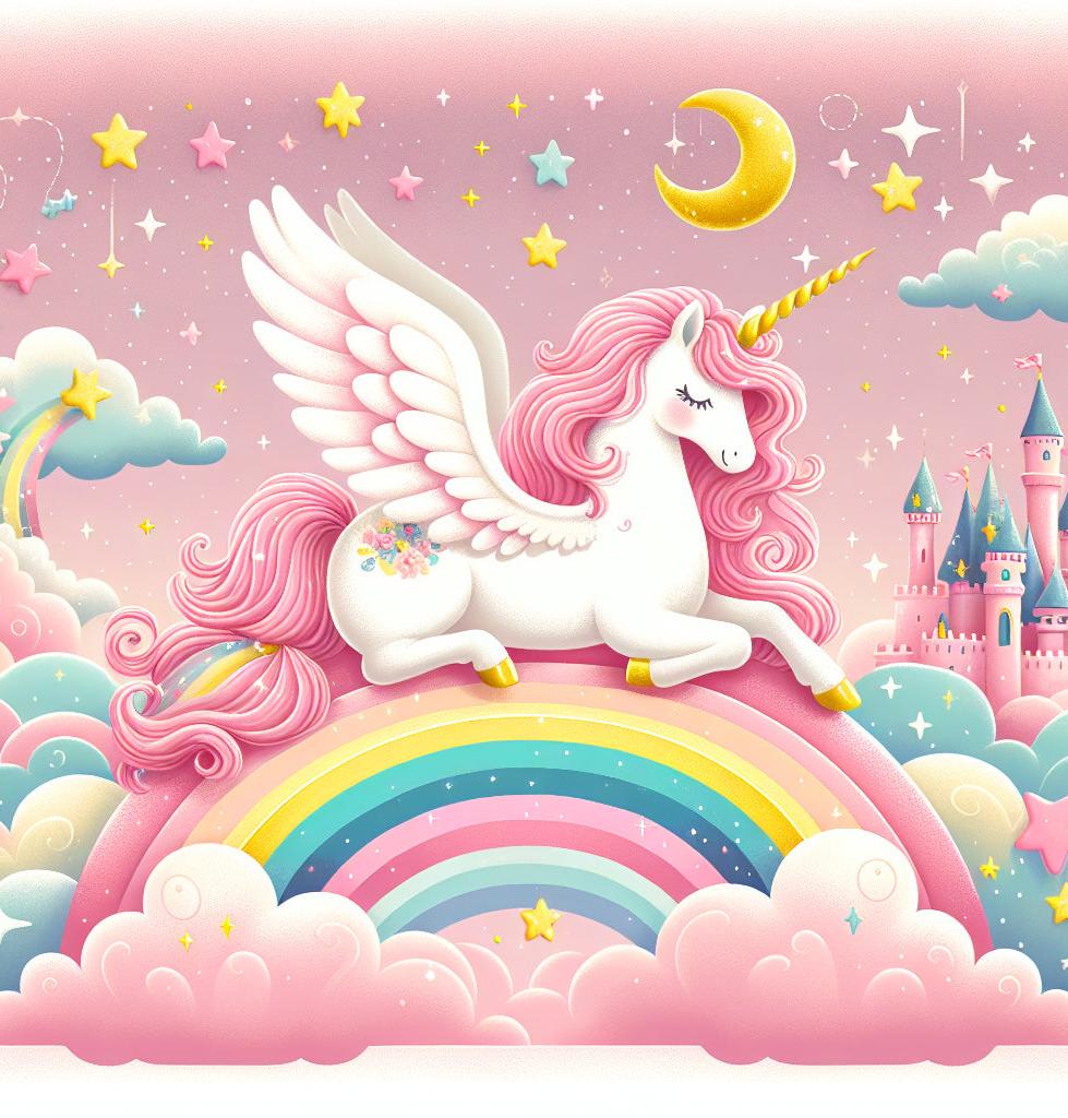 Papier peint arc-en-ciel licorne et château rose
