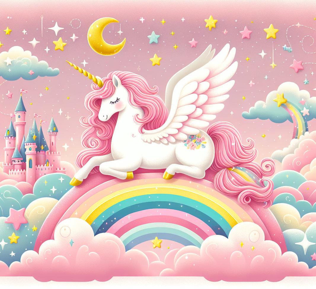 Papier peint arc-en-ciel licorne et château rose