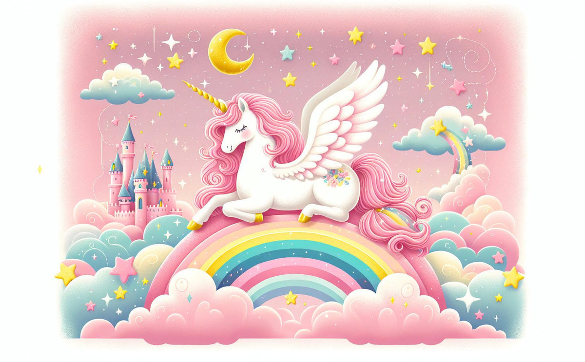 Papier peint arc-en-ciel licorne et château rose