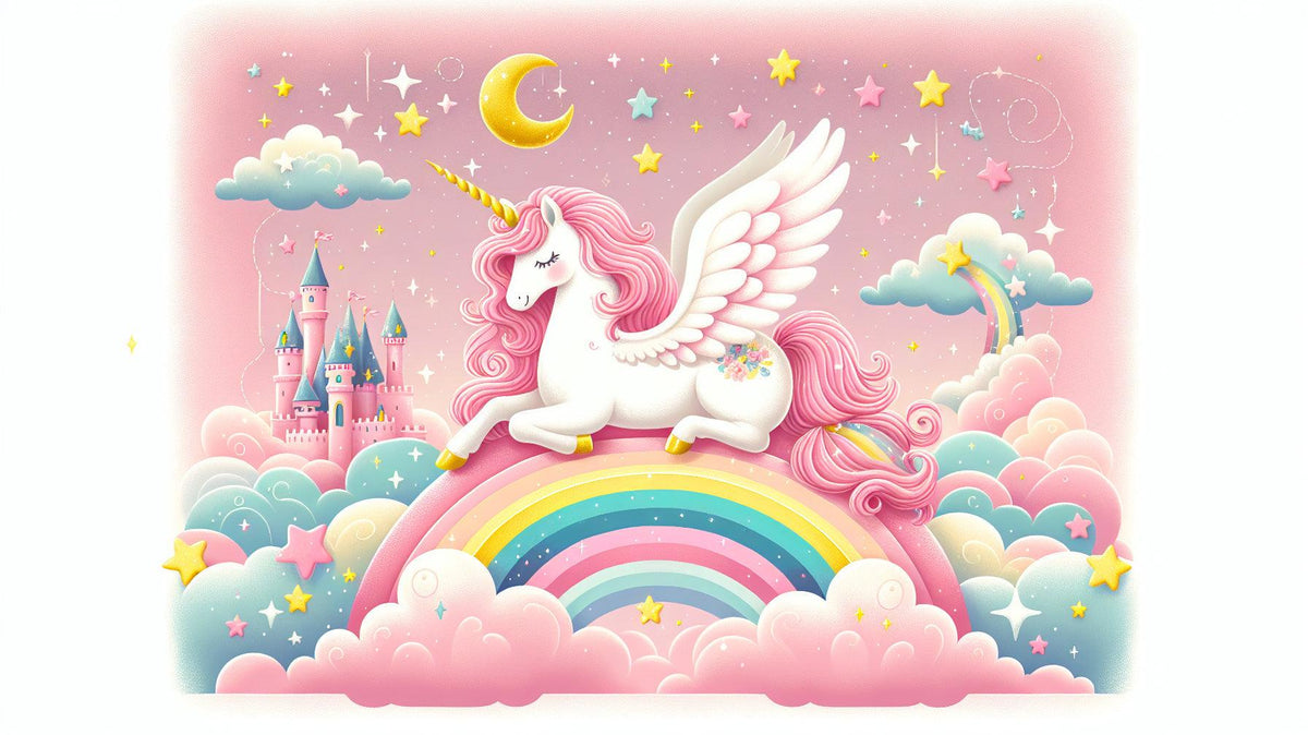 Papier peint arc-en-ciel licorne et château rose