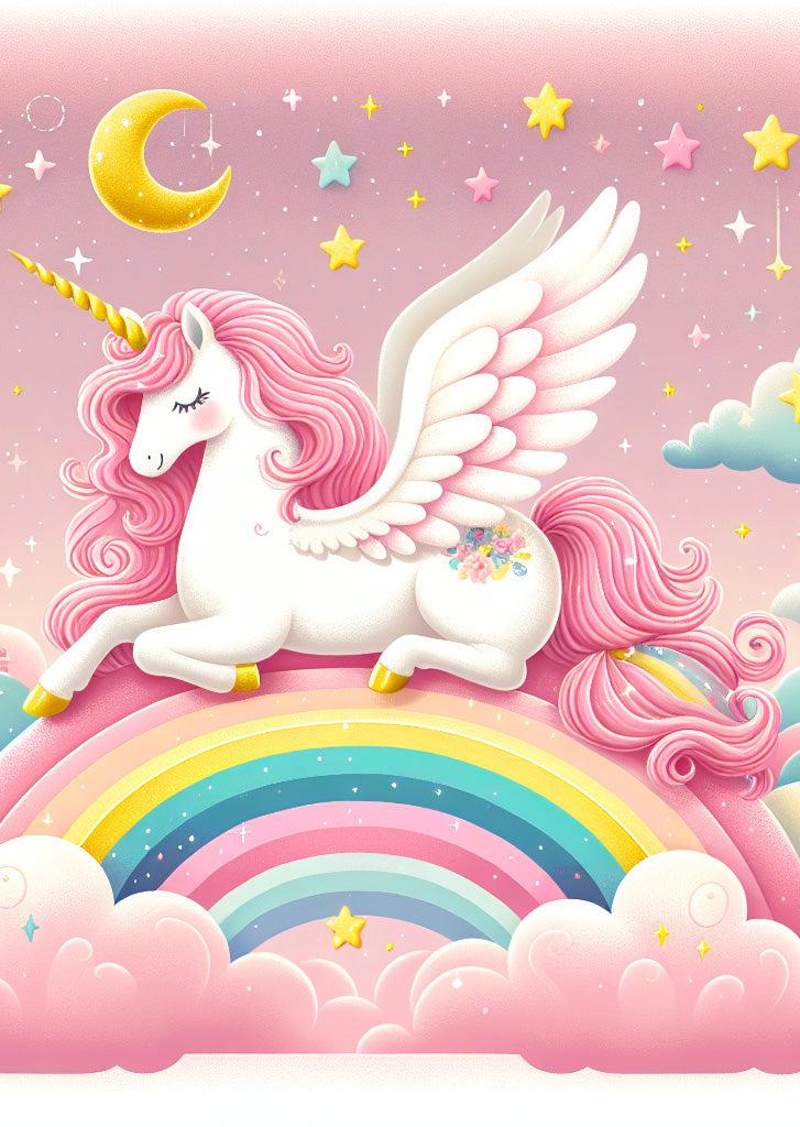 Papier peint arc-en-ciel licorne et château rose