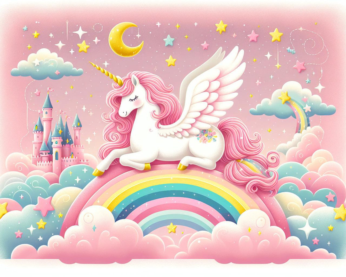 Papier peint arc-en-ciel licorne et château rose