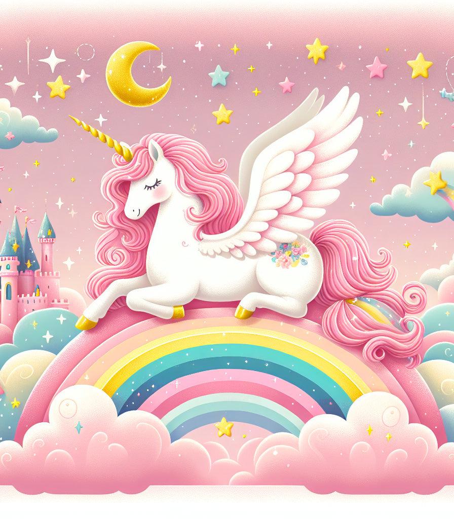 Papier peint arc-en-ciel licorne et château rose