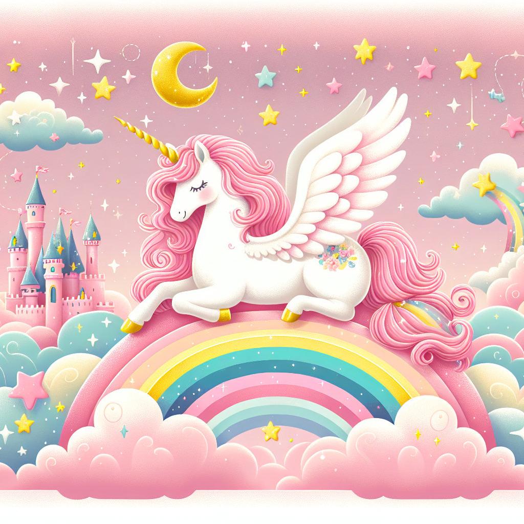 Papier peint arc-en-ciel licorne et château rose