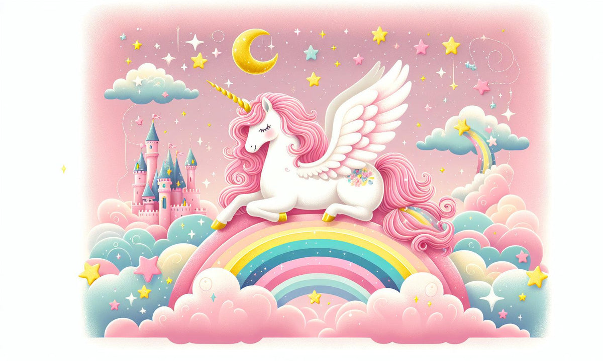 Papier peint arc-en-ciel licorne et château rose