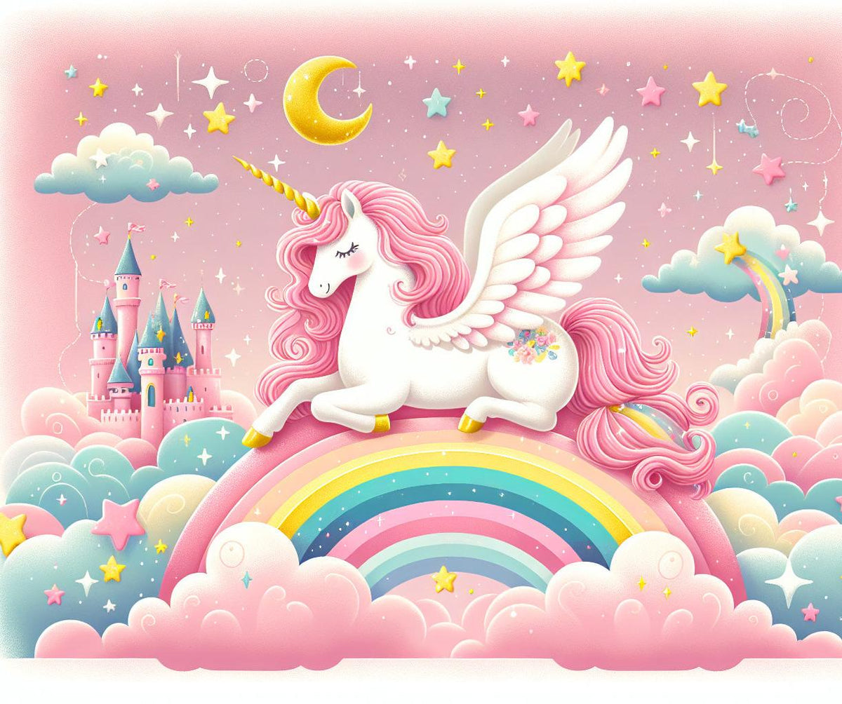 Papier peint arc-en-ciel licorne et château rose