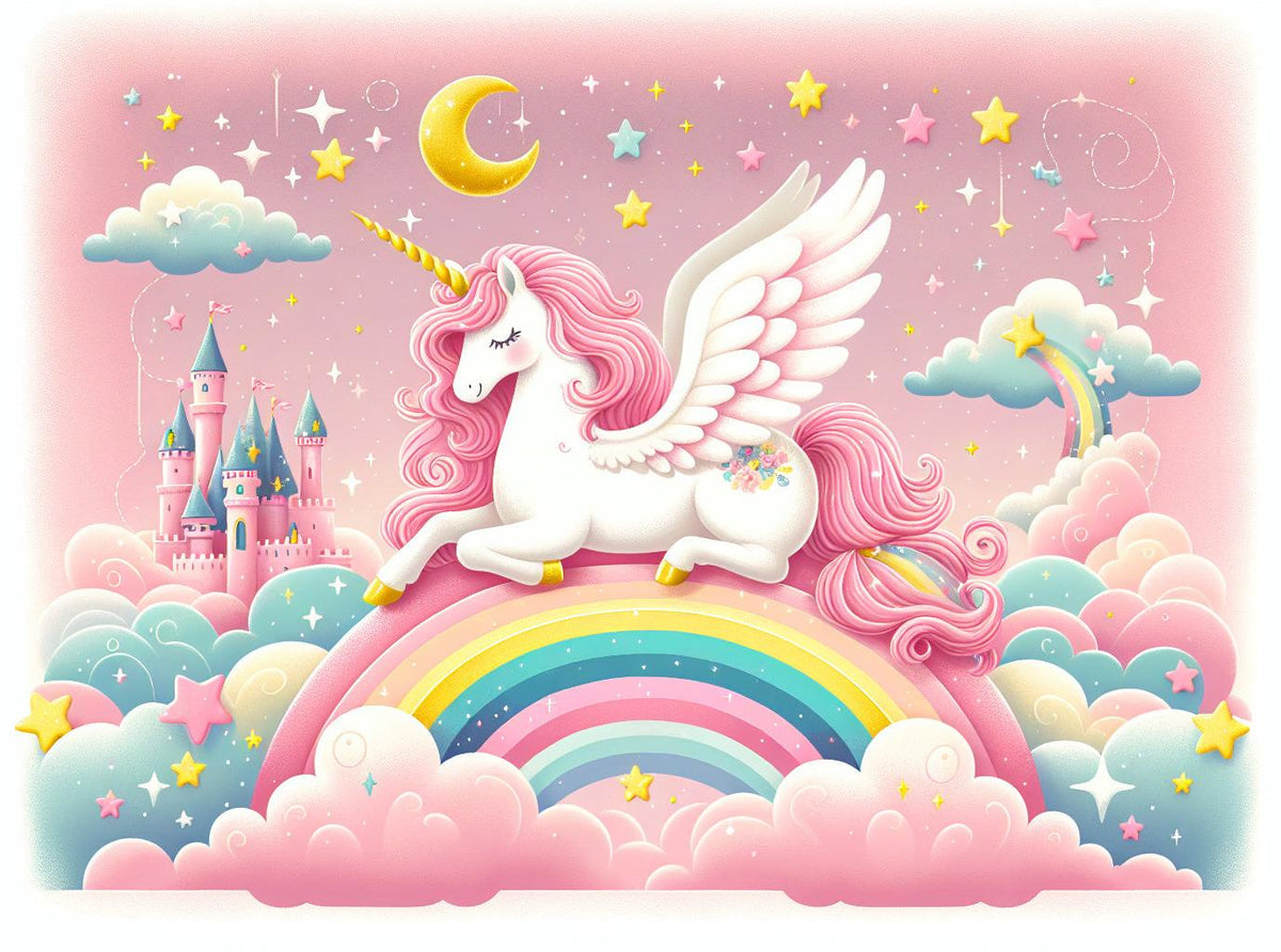 Papier peint arc-en-ciel licorne et château rose